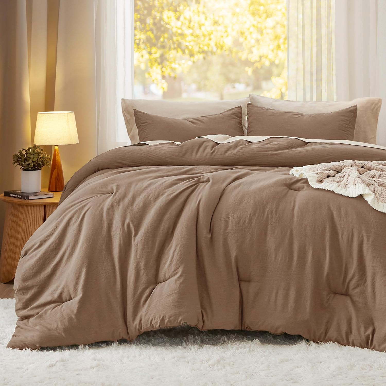 King Size Comforter Set, Brown Soft Prewashed Bedding for All Seasons, 3 Pieces GentleSoft™ Warm Down Alternative Bed Set, 1 Lightweight Comforter (104"x90") and 2 Pillowcases (20"x36")