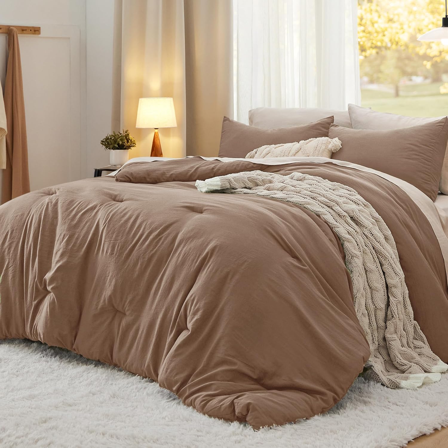 King Size Comforter Set, Brown Soft Prewashed Bedding for All Seasons, 3 Pieces GentleSoft™ Warm Down Alternative Bed Set, 1 Lightweight Comforter (104"x90") and 2 Pillowcases (20"x36")