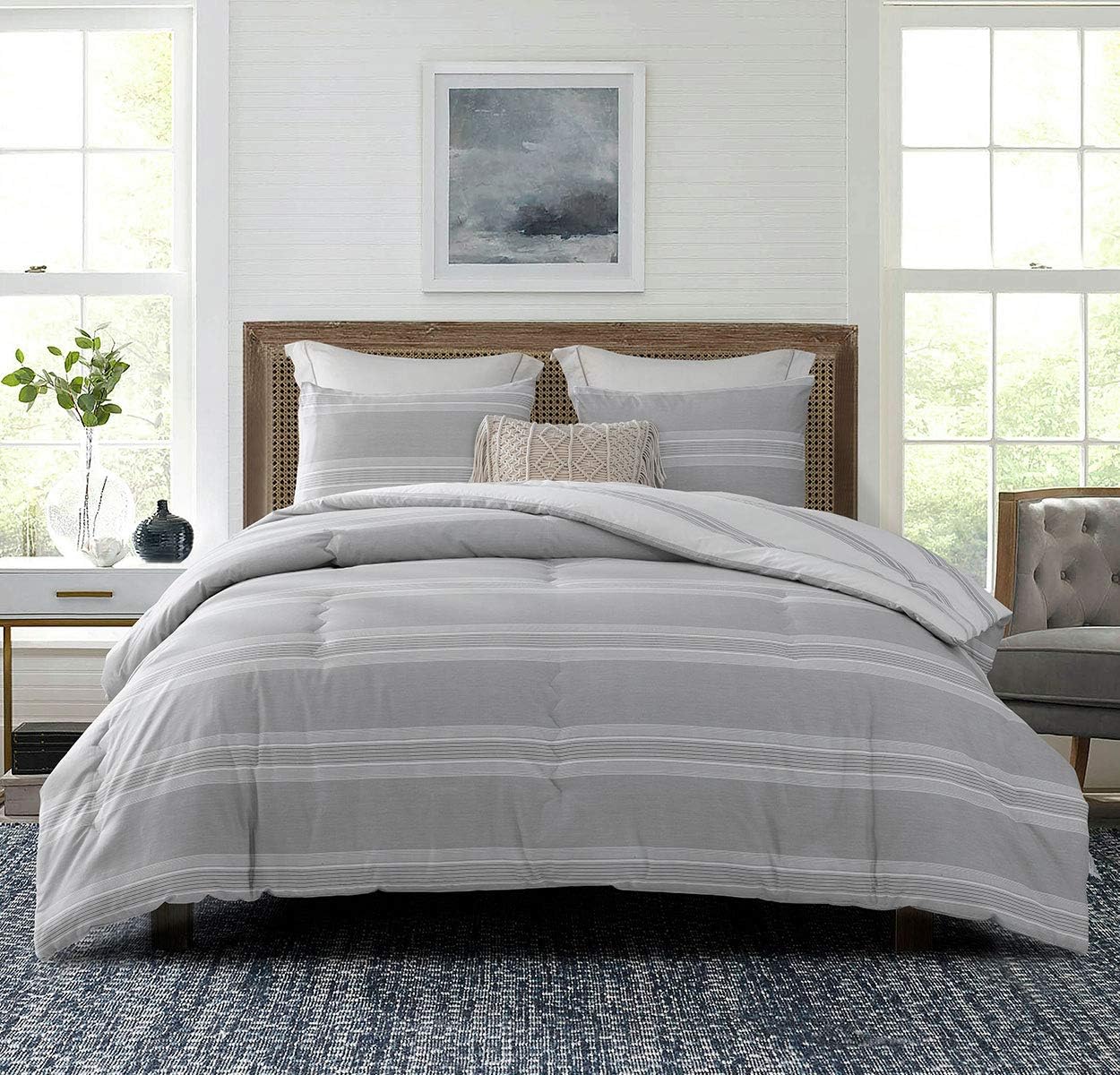Comforter King Size, 600 Thread Count Cotton Light Gray & White Stripes Reversible Pattern Grey Comforter Sets,Down Alternative Bedding Set 3Pcs (King, Grey Stripes)
