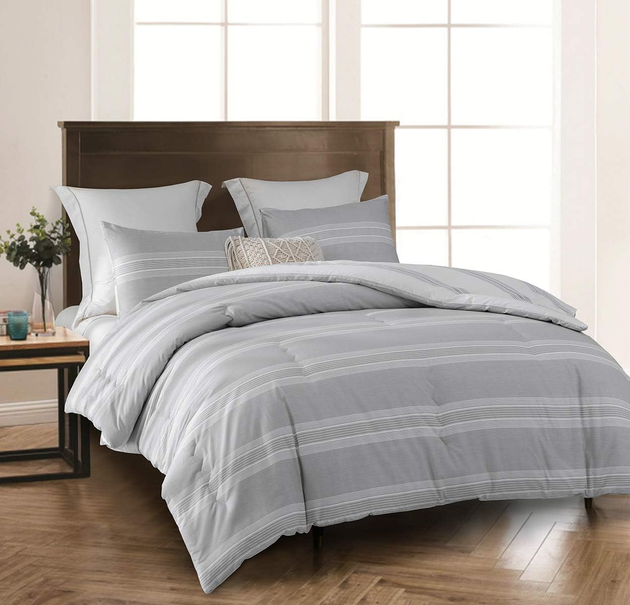 Comforter King Size, 600 Thread Count Cotton Light Gray & White Stripes Reversible Pattern Grey Comforter Sets,Down Alternative Bedding Set 3Pcs (King, Grey Stripes)