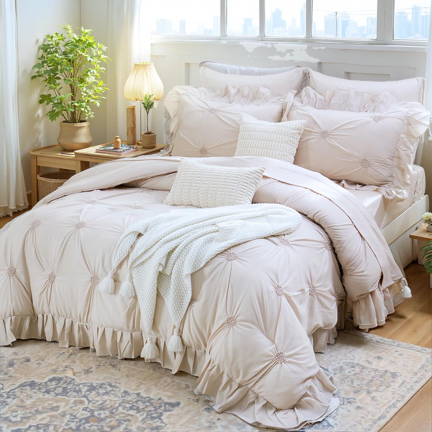 Beige Bed in a Bag Comforter Set 9 Pcs,Queen Comforter Set with Sheets,Pintuck Pinch Pleat Bedding Set,Boho Down Alternative Comforter Queen Bed Set,Microfiber Exquisite Ruffle Duvet Set