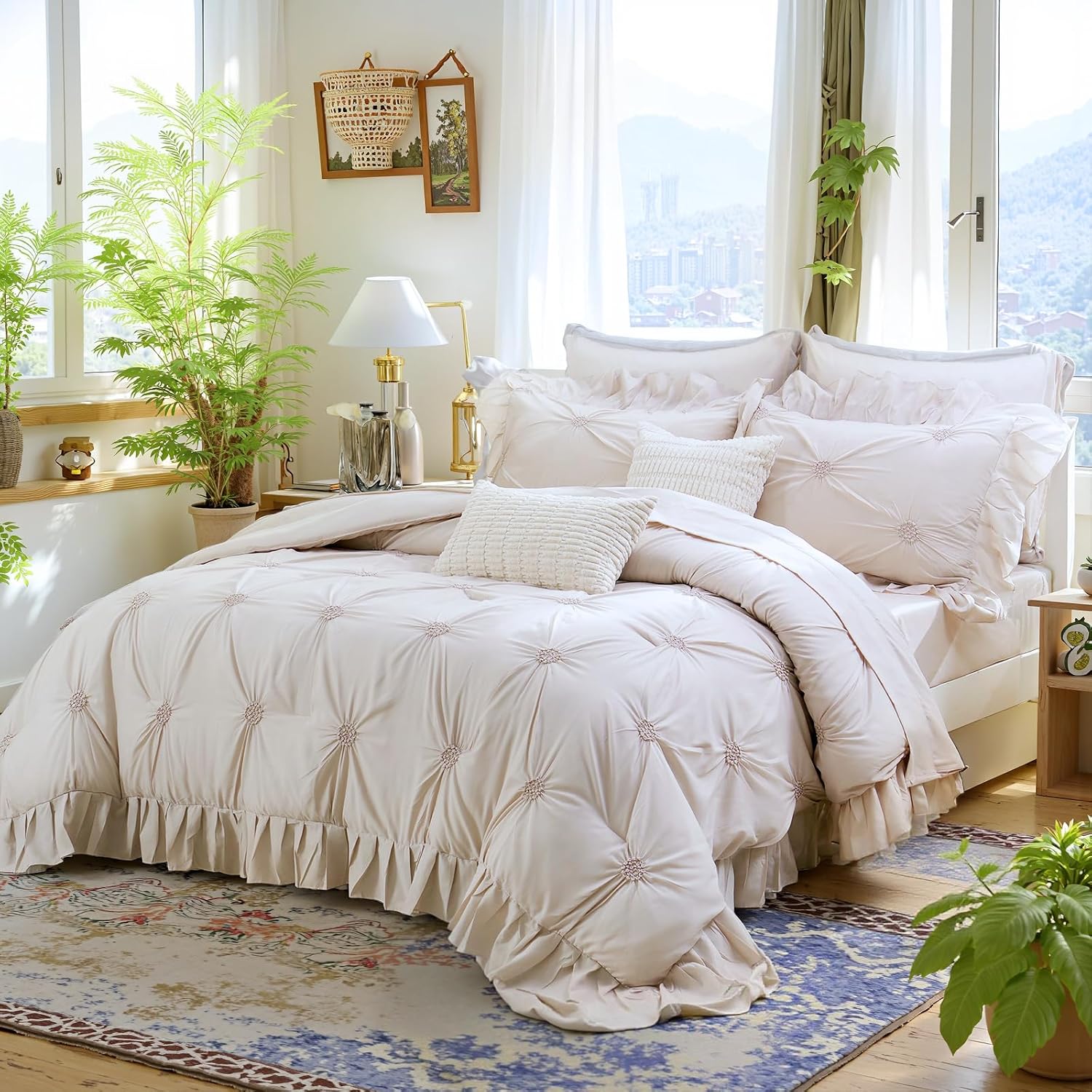 Beige Bed in a Bag Comforter Set 9 Pcs,Queen Comforter Set with Sheets,Pintuck Pinch Pleat Bedding Set,Boho Down Alternative Comforter Queen Bed Set,Microfiber Exquisite Ruffle Duvet Set