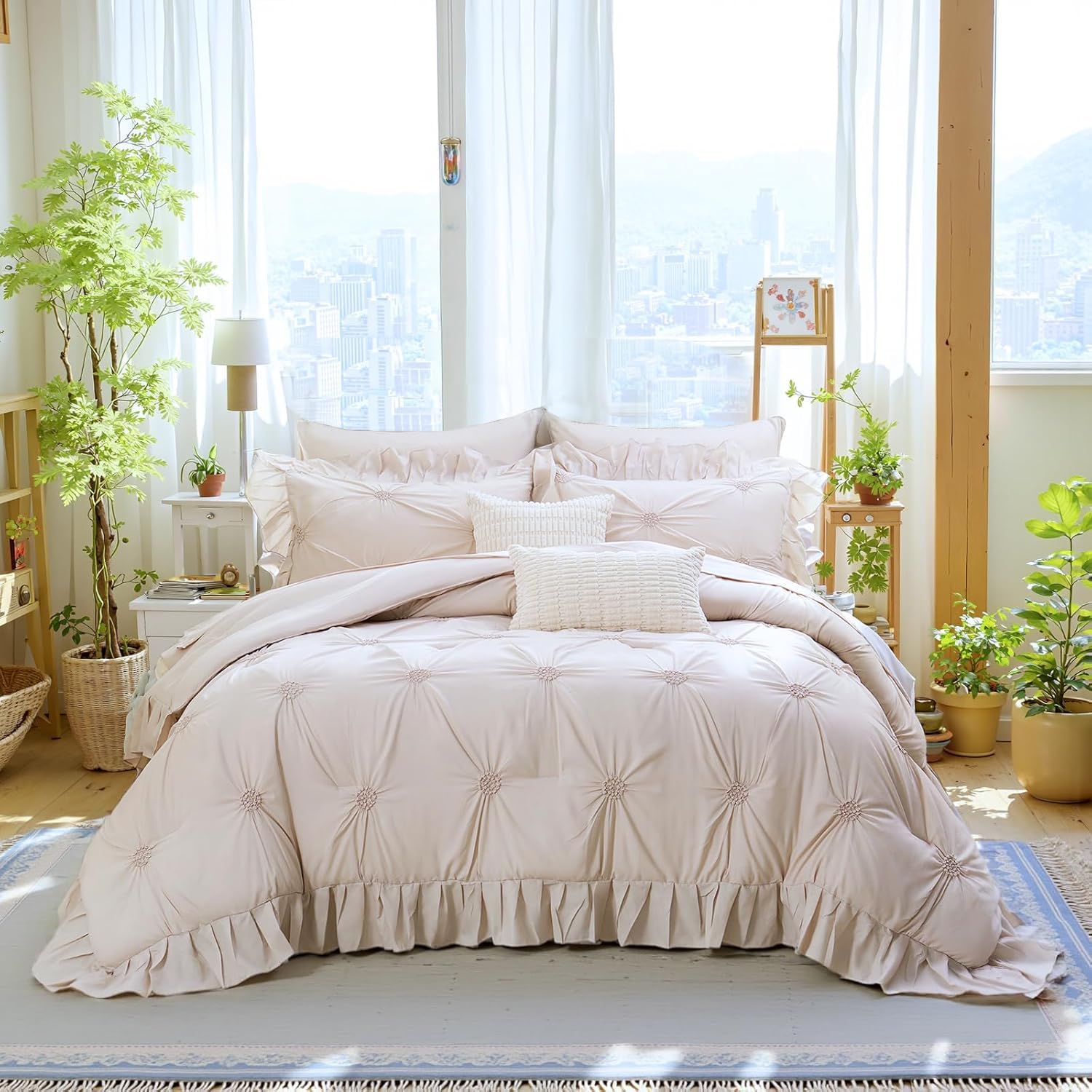 Beige Bed in a Bag Comforter Set 9 Pcs,Queen Comforter Set with Sheets,Pintuck Pinch Pleat Bedding Set,Boho Down Alternative Comforter Queen Bed Set,Microfiber Exquisite Ruffle Duvet Set