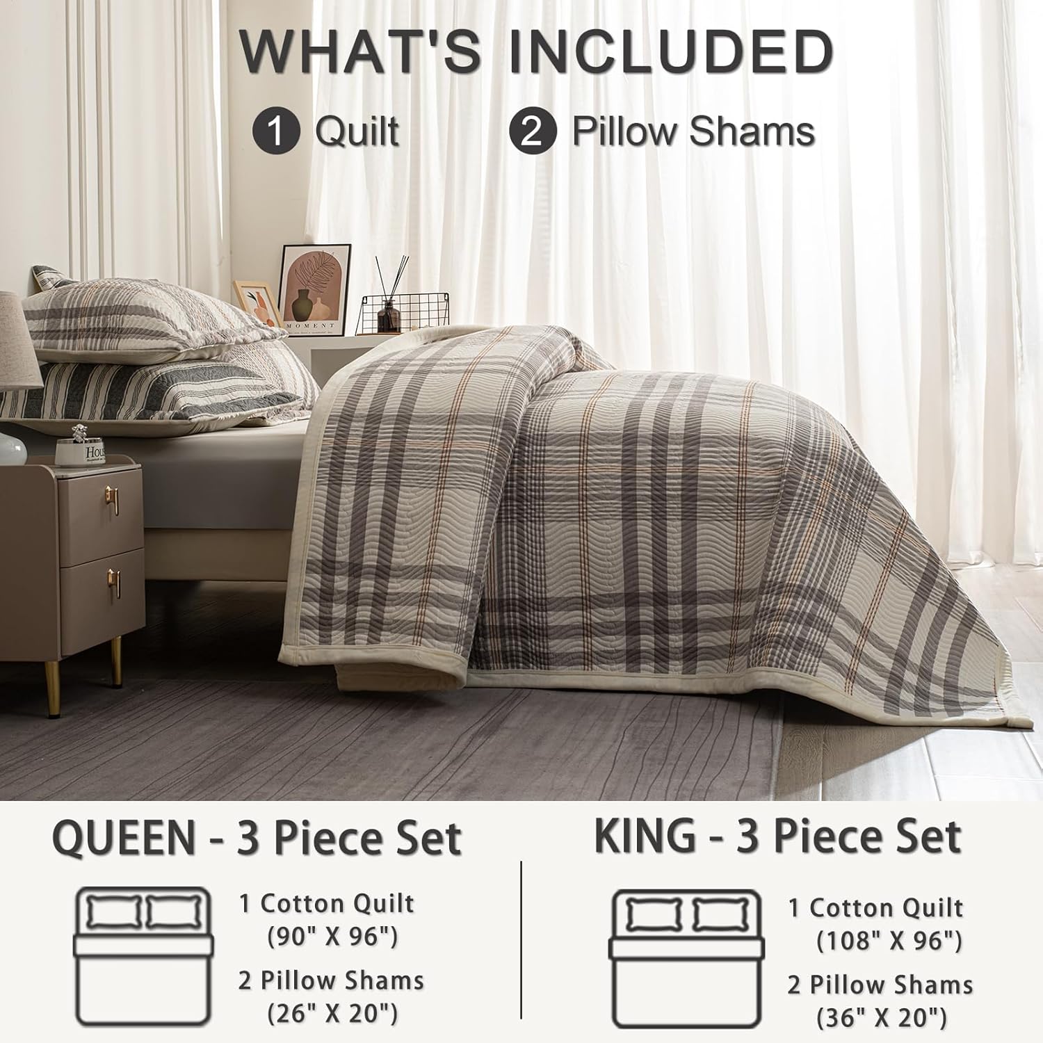 Cotton Plaid Quilt Set, Ultra Soft 3 Pieces King Size Bedding with 2 Pillow Shams, Lightweight Reversible Coverlet Bedspread with Wave Quilting for Summer, 108"x96", Grid-Grey White