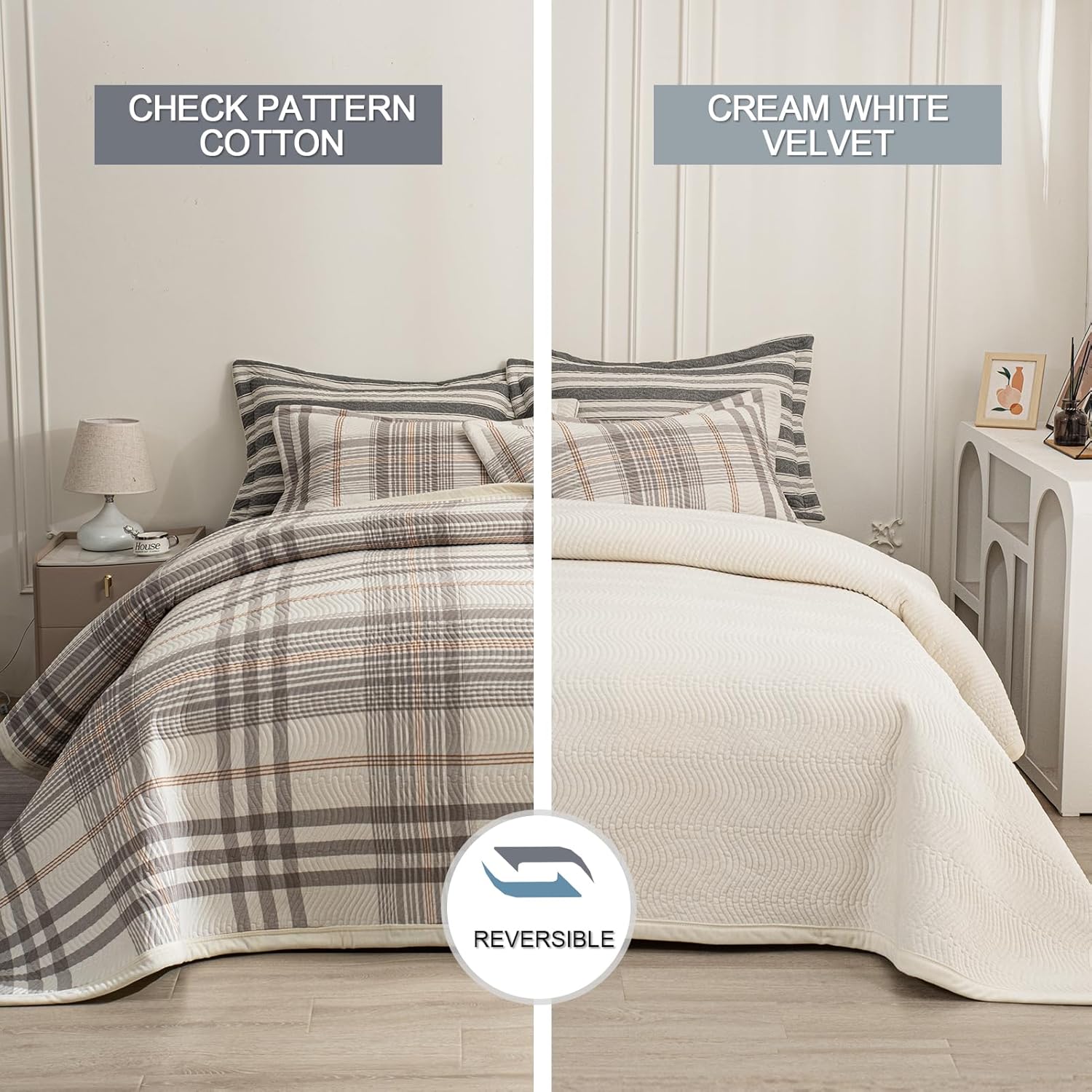 Cotton Plaid Quilt Set, Ultra Soft 3 Pieces King Size Bedding with 2 Pillow Shams, Lightweight Reversible Coverlet Bedspread with Wave Quilting for Summer, 108"x96", Grid-Grey White