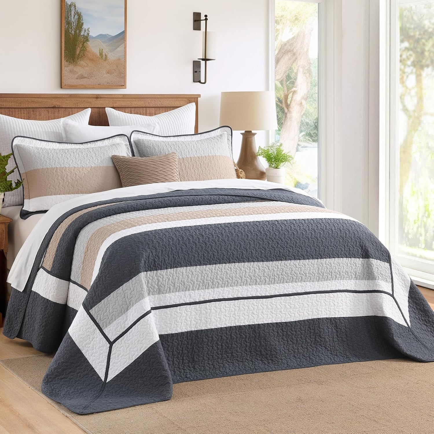 100% Cotton Oversized Quilt Bedspread Coverlet, King Bedspreads 128"x120" with Pillow Shams, Lightweight Striped Quilted Bedding Set, All Seasons, Navy Blue/Gray/Brown/White