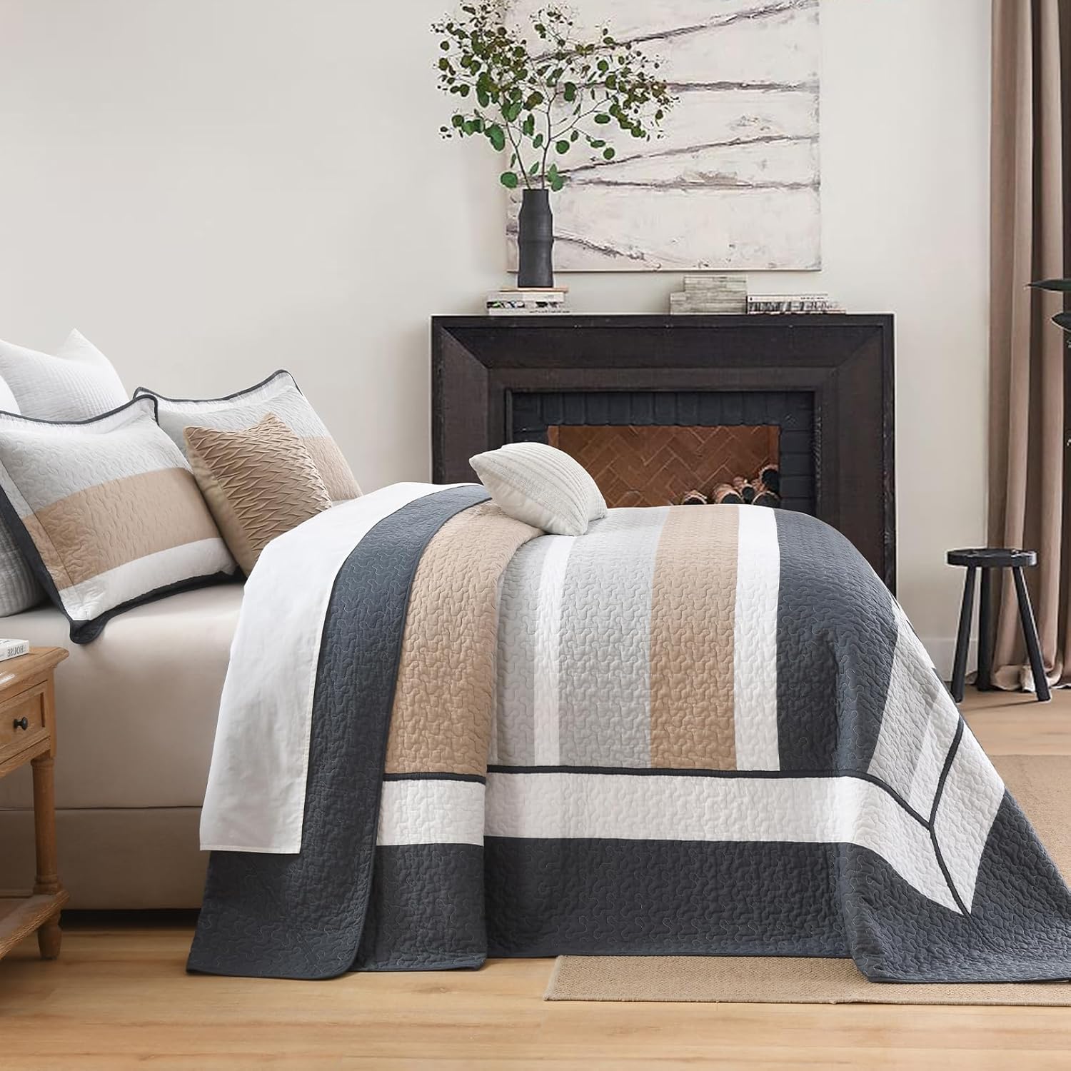 100% Cotton Oversized Quilt Bedspread Coverlet, King Bedspreads 128"x120" with Pillow Shams, Lightweight Striped Quilted Bedding Set, All Seasons, Navy Blue/Gray/Brown/White