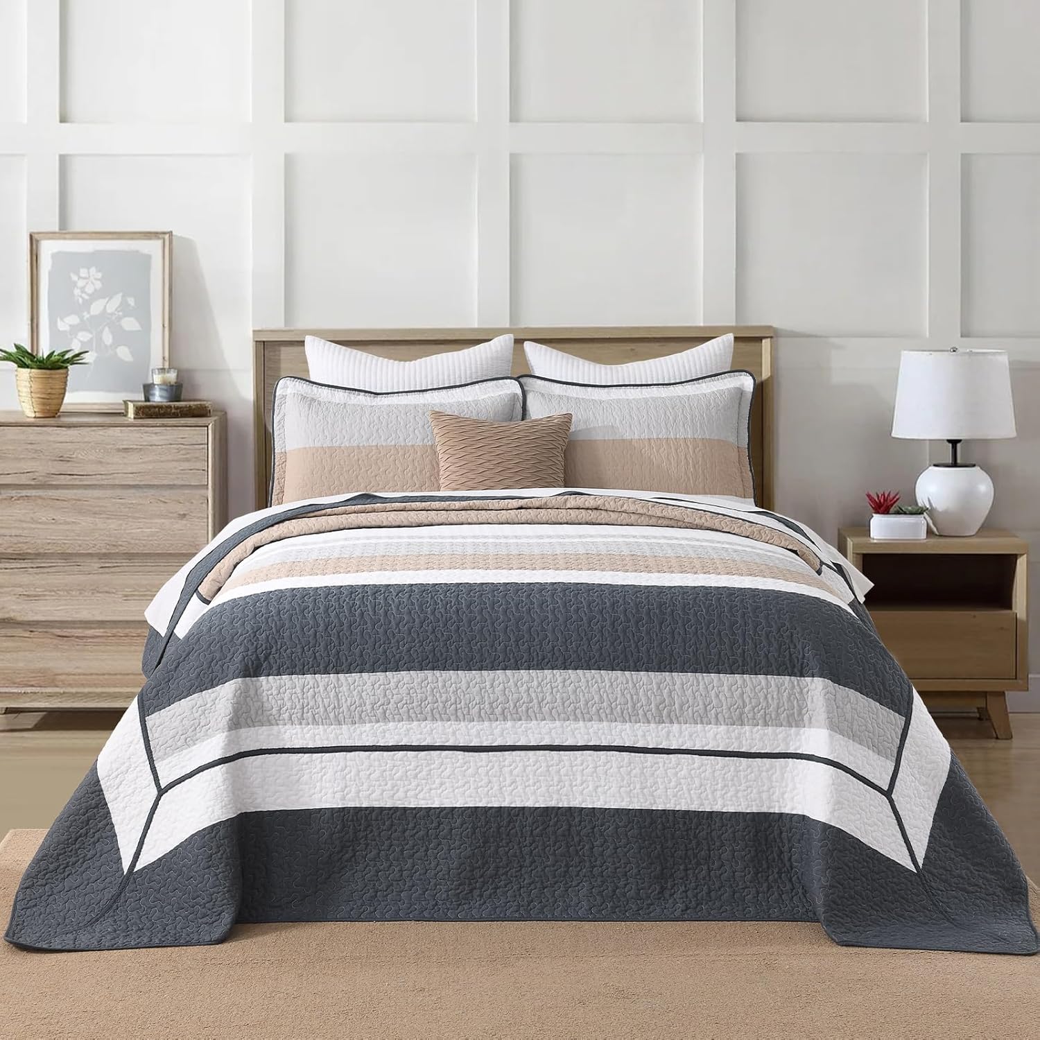 100% Cotton Oversized Quilt Bedspread Coverlet, King Bedspreads 128"x120" with Pillow Shams, Lightweight Striped Quilted Bedding Set, All Seasons, Navy Blue/Gray/Brown/White