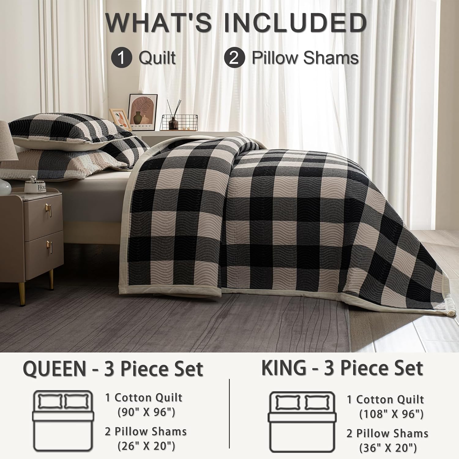Cotton Plaid Quilt Set, Ultra Soft 3 Pieces King Size Bedding with 2 Pillow Shams, Lightweight Reversible Coverlet Bedspread with Wave Quilting for Summer, 108"x96", Grid-Black White