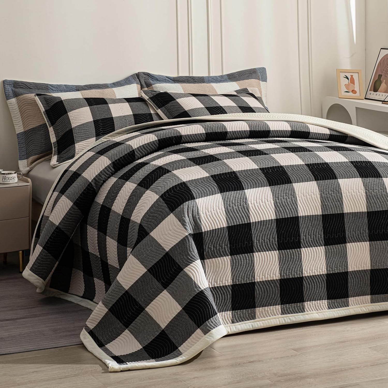 Cotton Plaid Quilt Set, Ultra Soft 3 Pieces King Size Bedding with 2 Pillow Shams, Lightweight Reversible Coverlet Bedspread with Wave Quilting for Summer, 108"x96", Grid-Black White