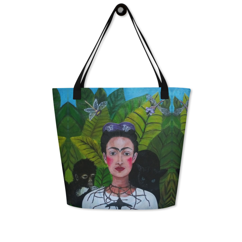 Frida Kahlo: Self-Portrait with Thorn Necklace Large Tote Bag 16"x20"