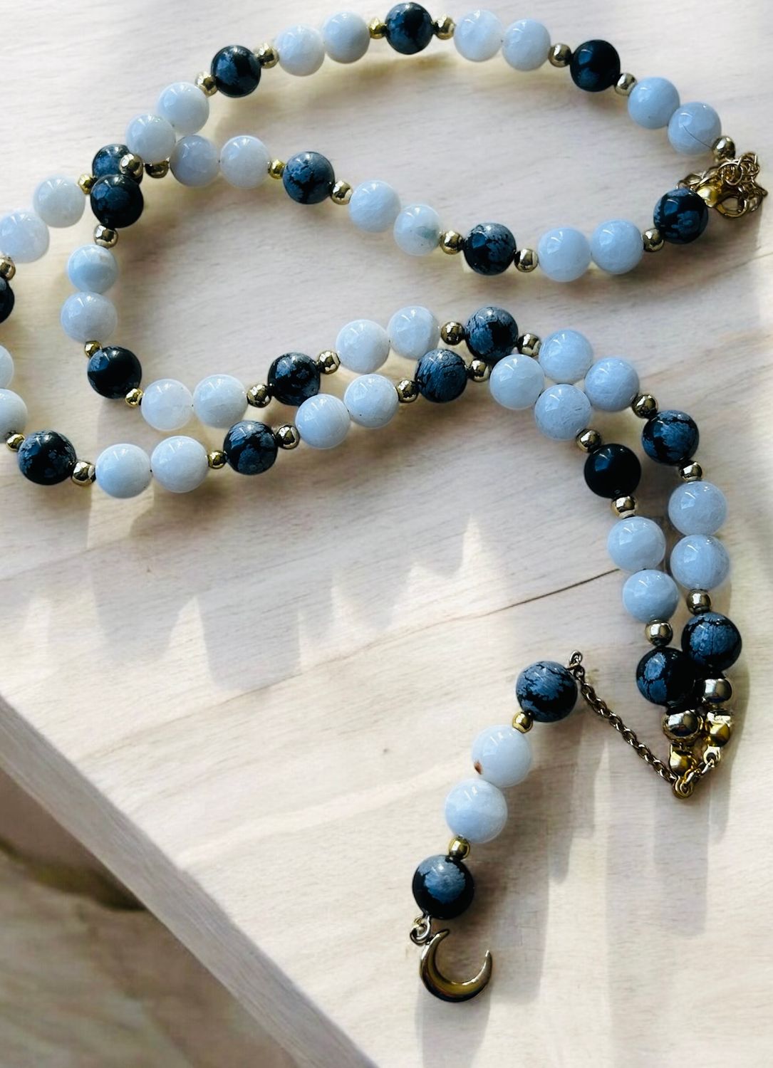 collier Obsidienne neige et pierre de lune