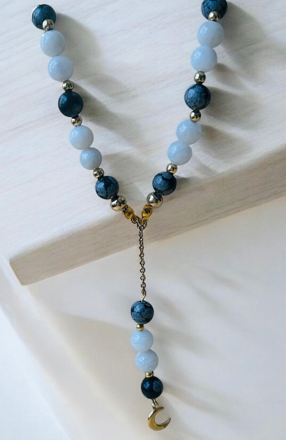 collier Obsidienne neige et pierre de lune