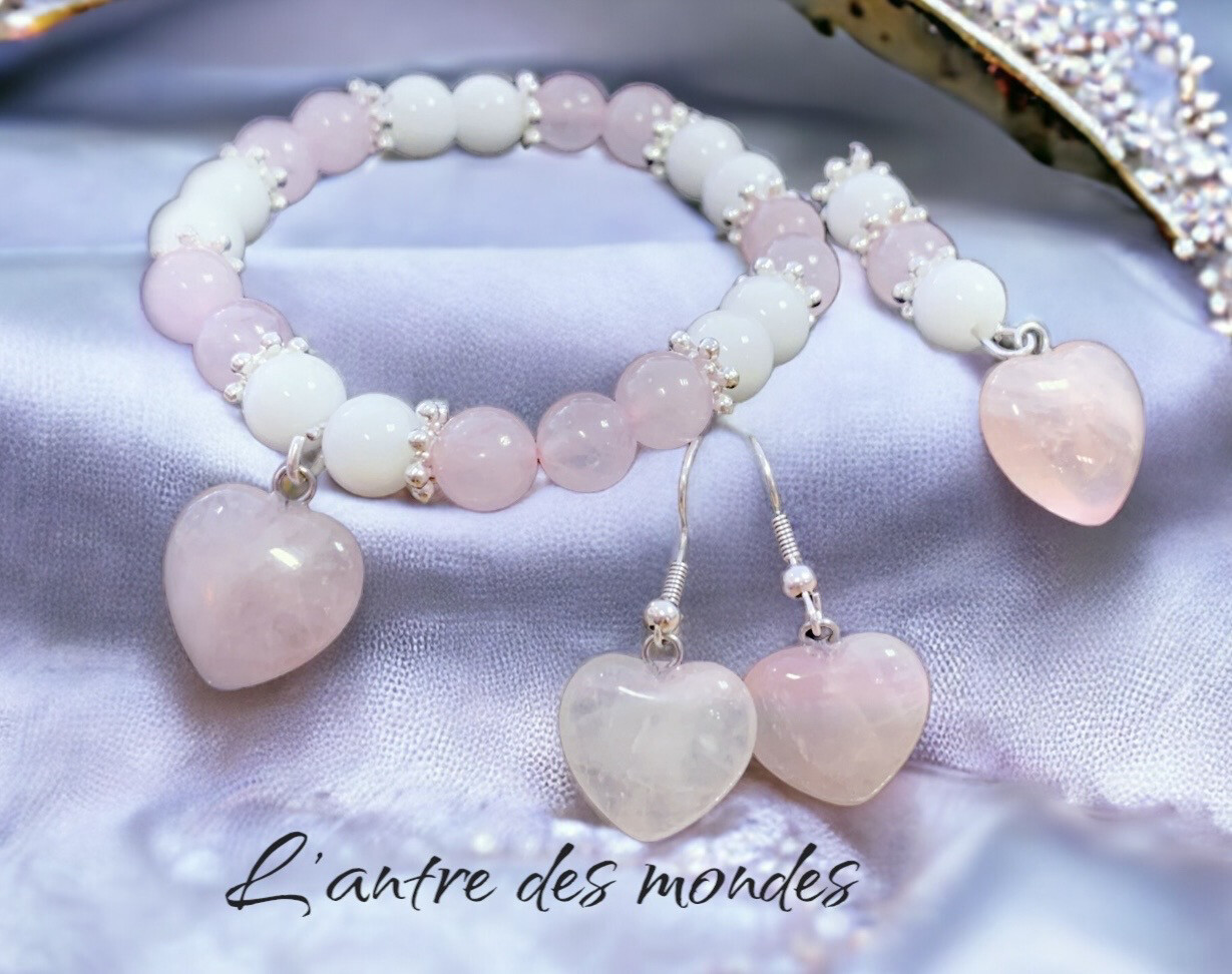 Parure quartz rose et agate blanche