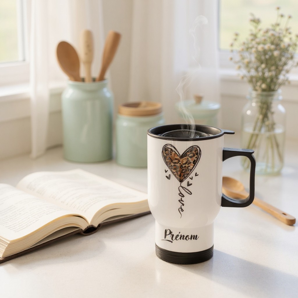 mug isotherme personnalisée coeur léopard