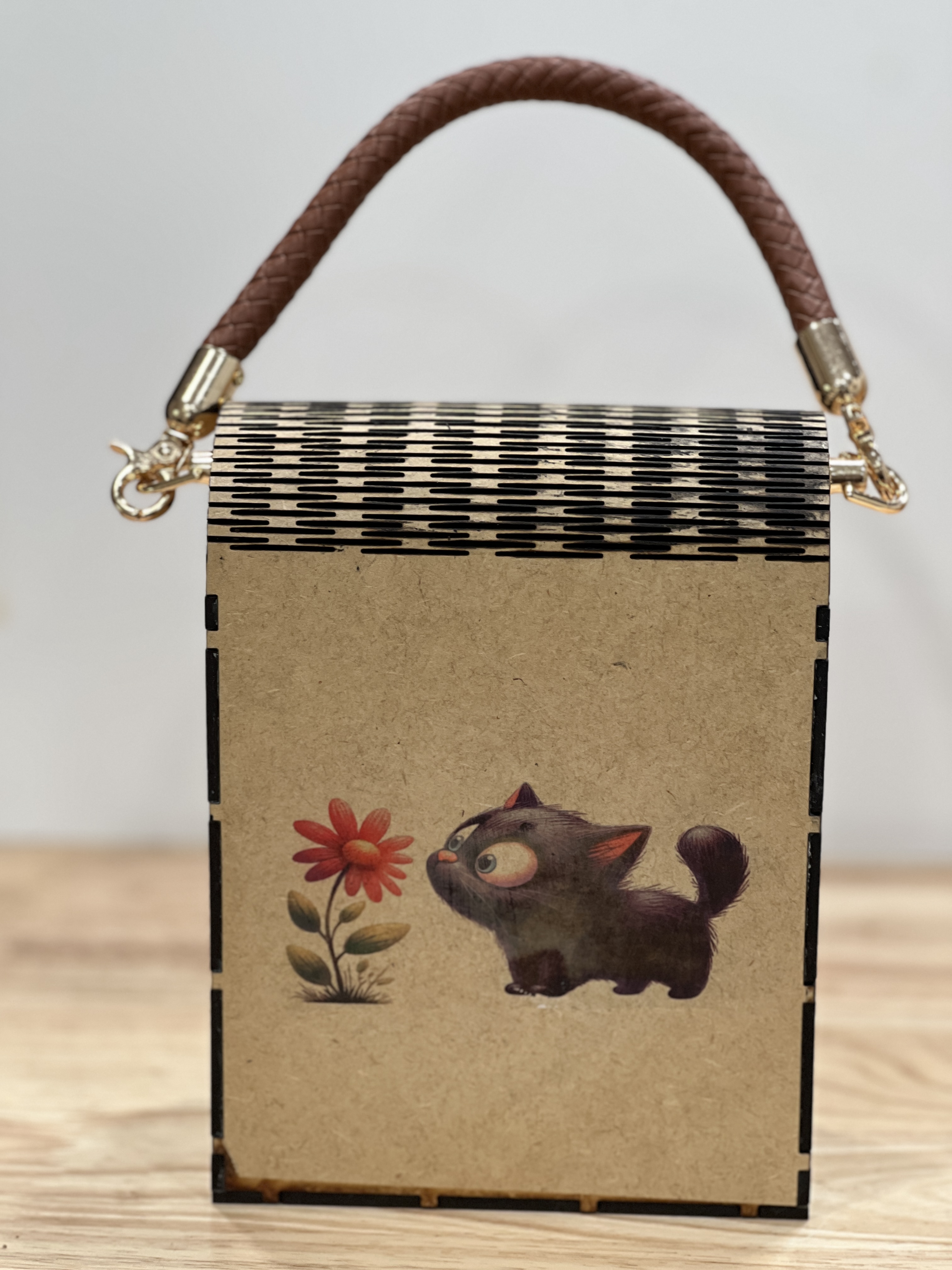 Wooden Handbag Box with Cat and Flower Design