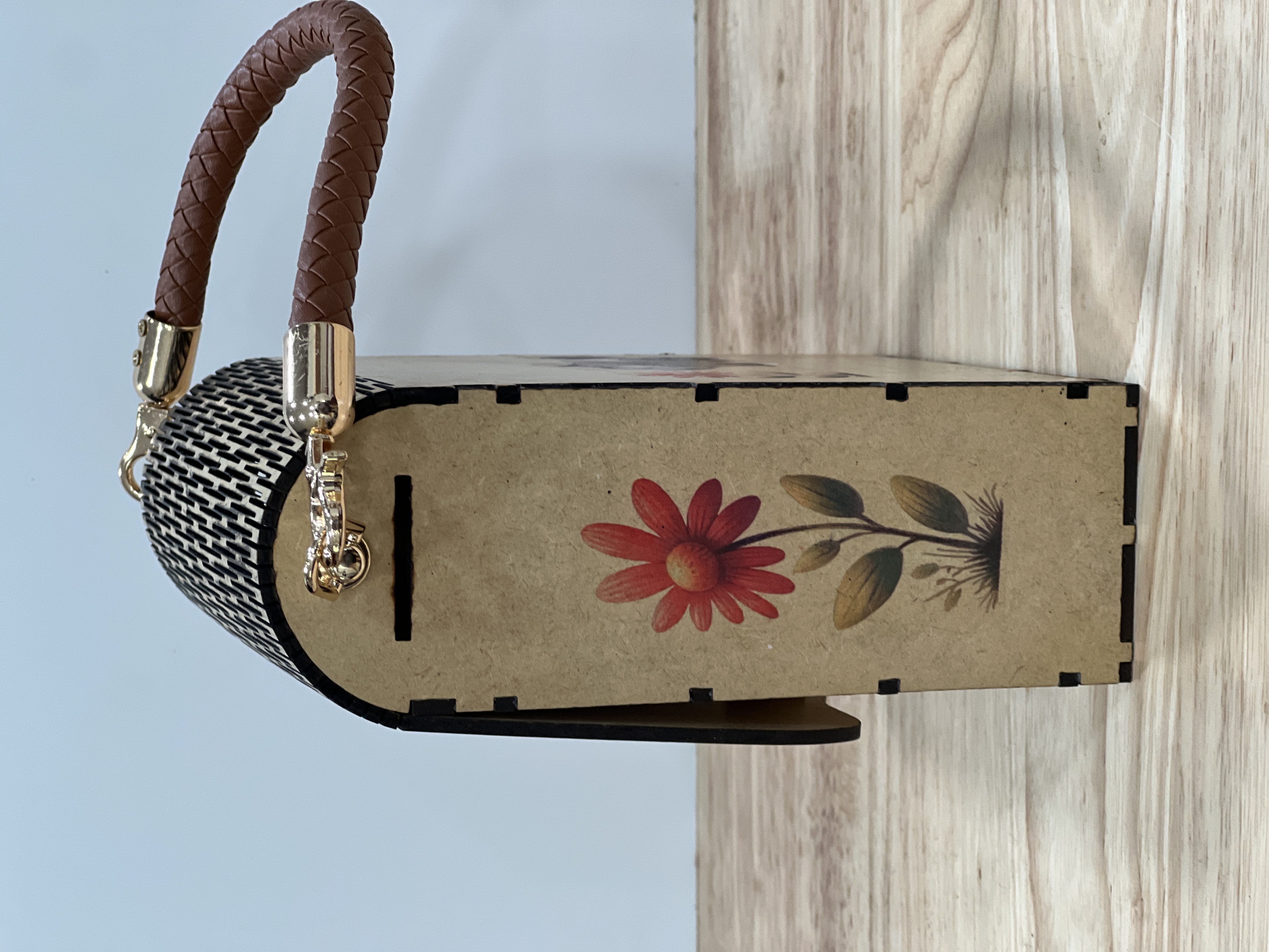Wooden Handbag Box with Cat and Flower Design