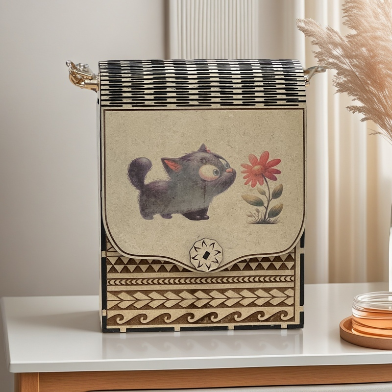 Wooden Handbag Box with Cat and Flower Design