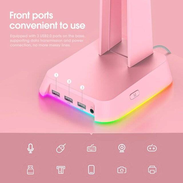 Onikuma ST-2 RGB Headphone Stand + USB Hub (Pink)