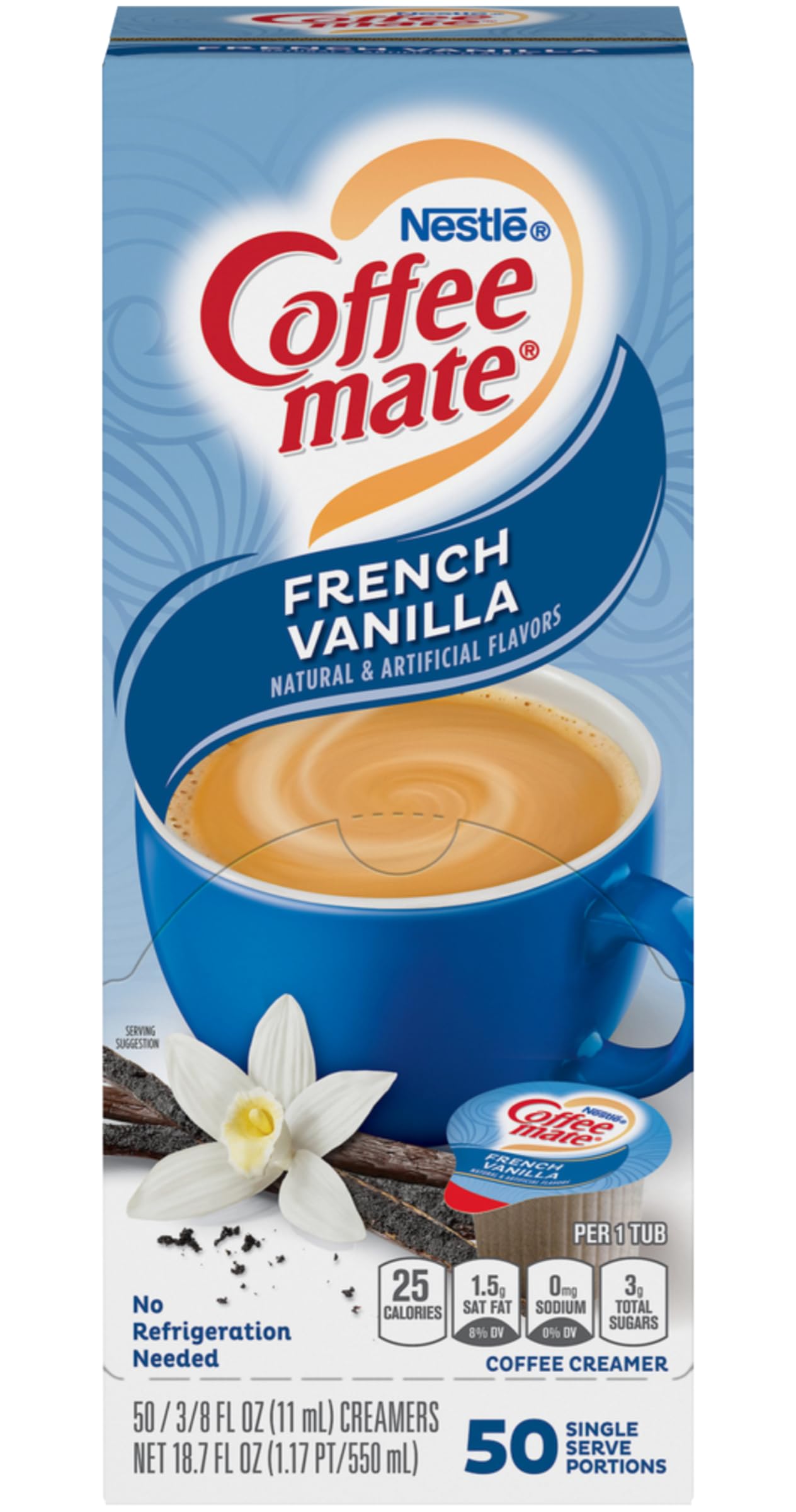 Nestle Coffee mate Liquid Coffee Creamer Singles, French Vanilla, 50 Ct Box with Coffee Scoop