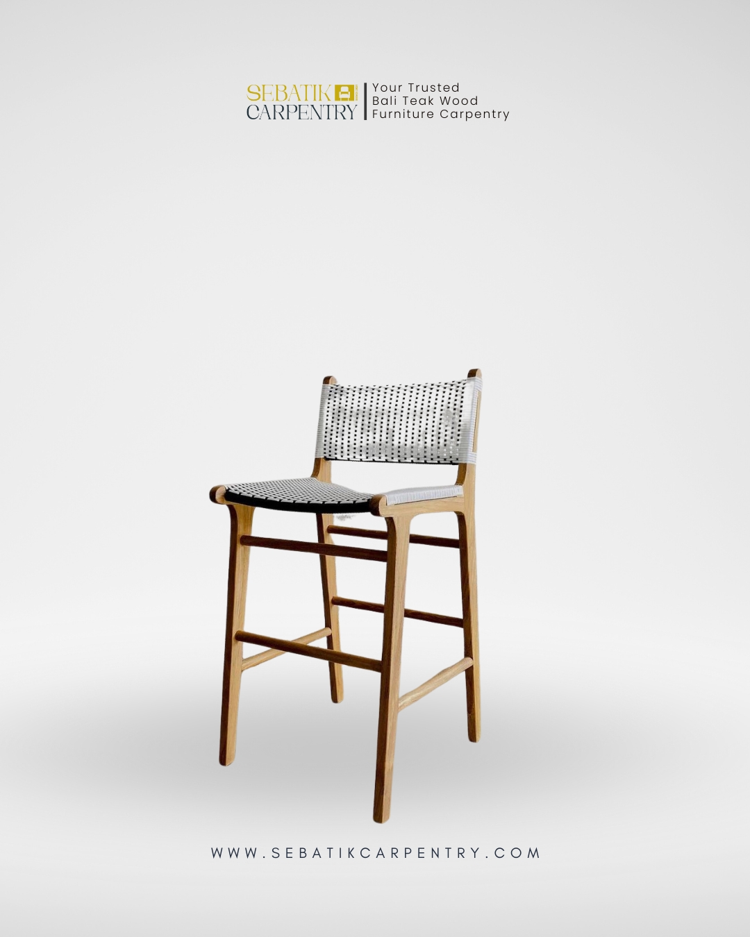 Woven Bar Stool with Teak Frame by Sebatik Carpentry