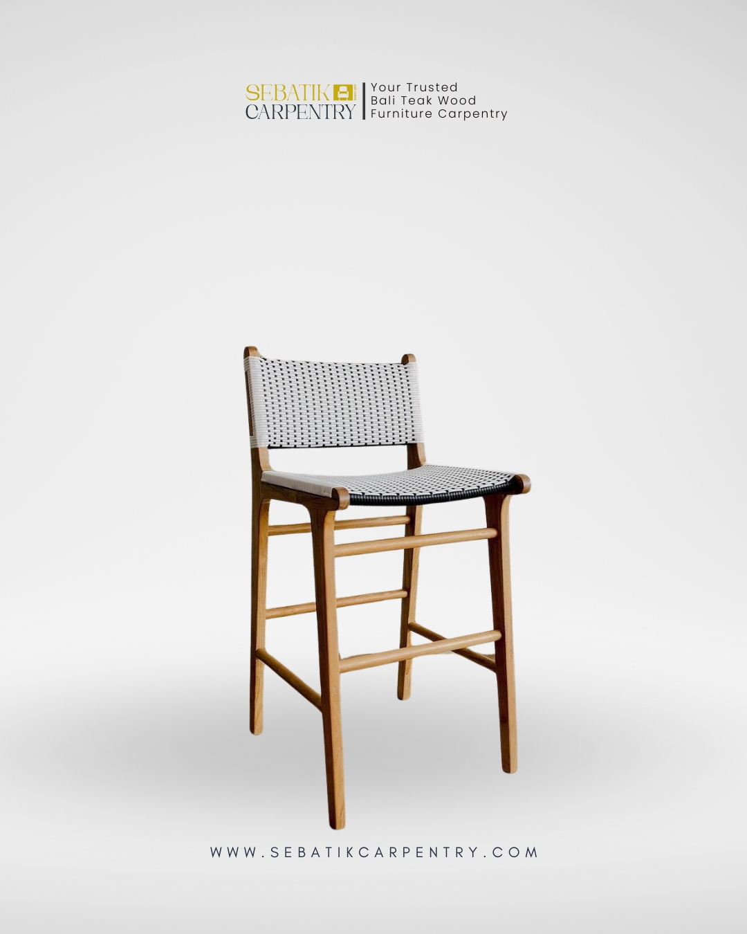 Woven Bar Stool with Teak Frame by Sebatik Carpentry