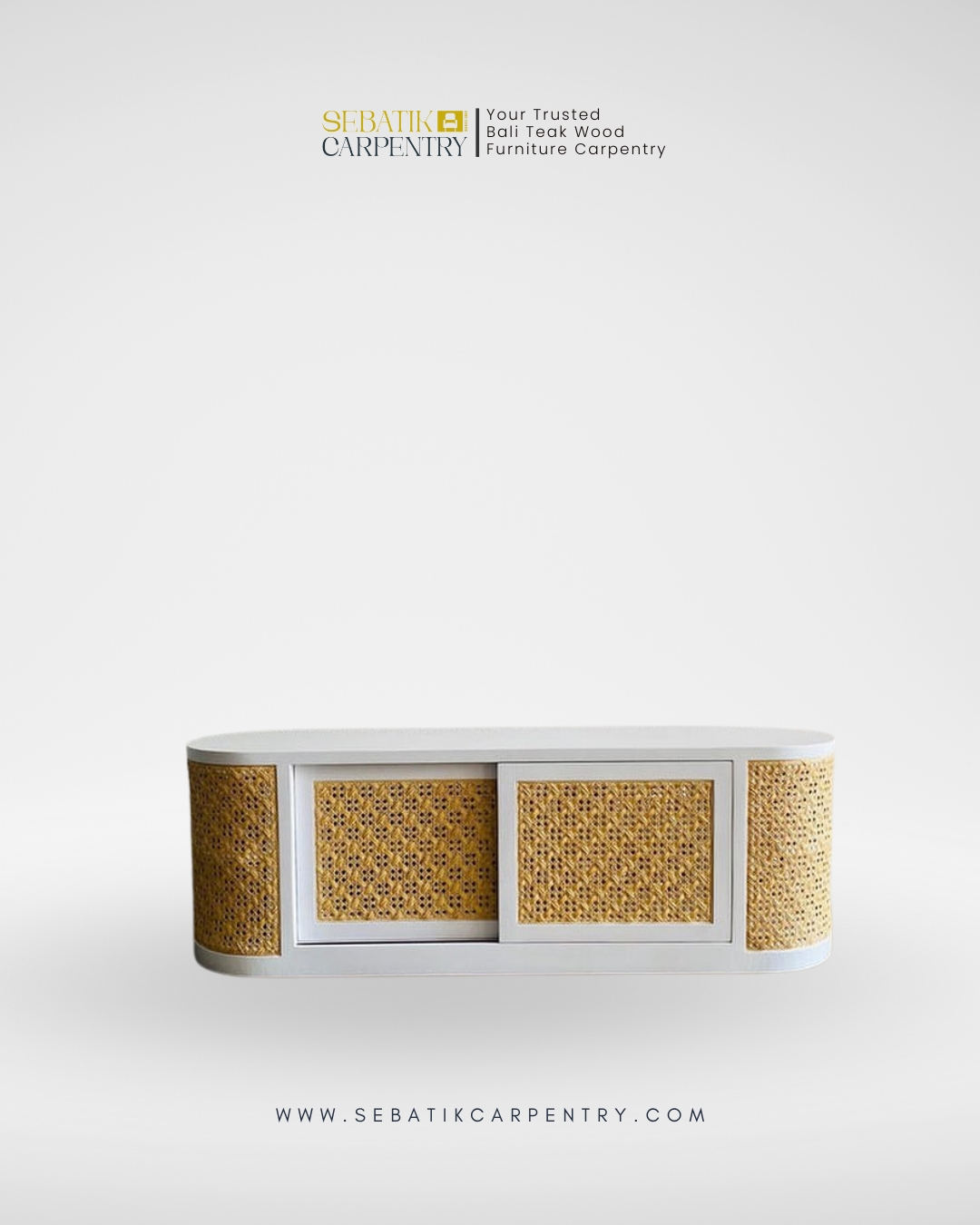 Curved Rattan & Teak Reception Console by Sebatik Carpentry
