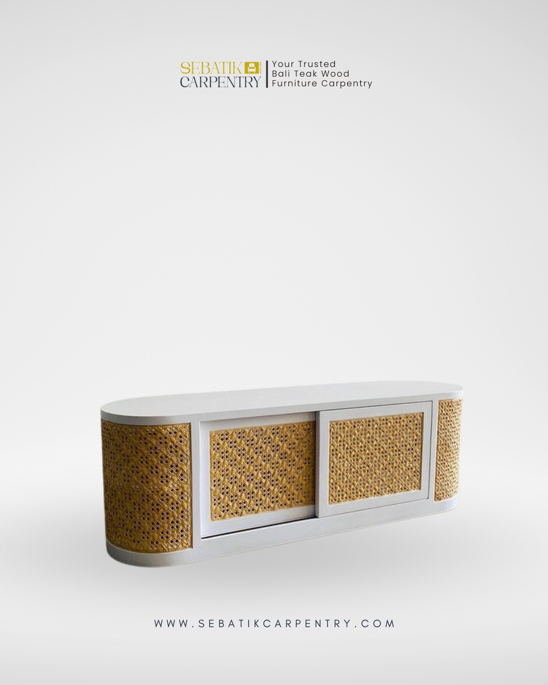 Curved Rattan & Teak Reception Console by Sebatik Carpentry