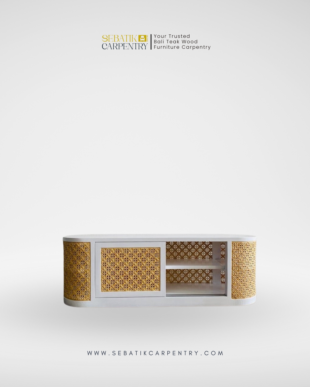 Curved Rattan & Teak Reception Console by Sebatik Carpentry