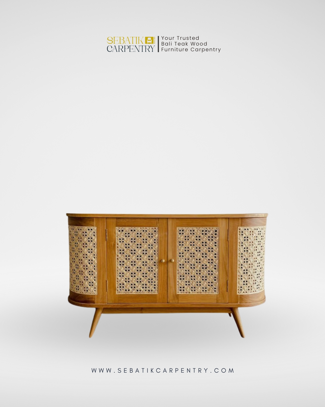 Curved Teak Sideboard with Woven Rattan Panels by Sebatik Carpentry