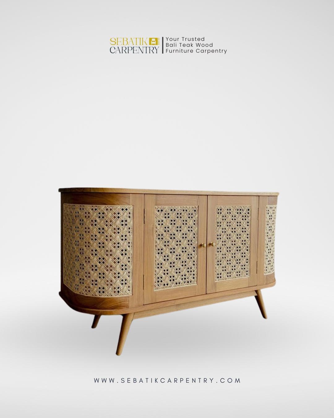 Curved Teak Sideboard with Woven Rattan Panels by Sebatik Carpentry