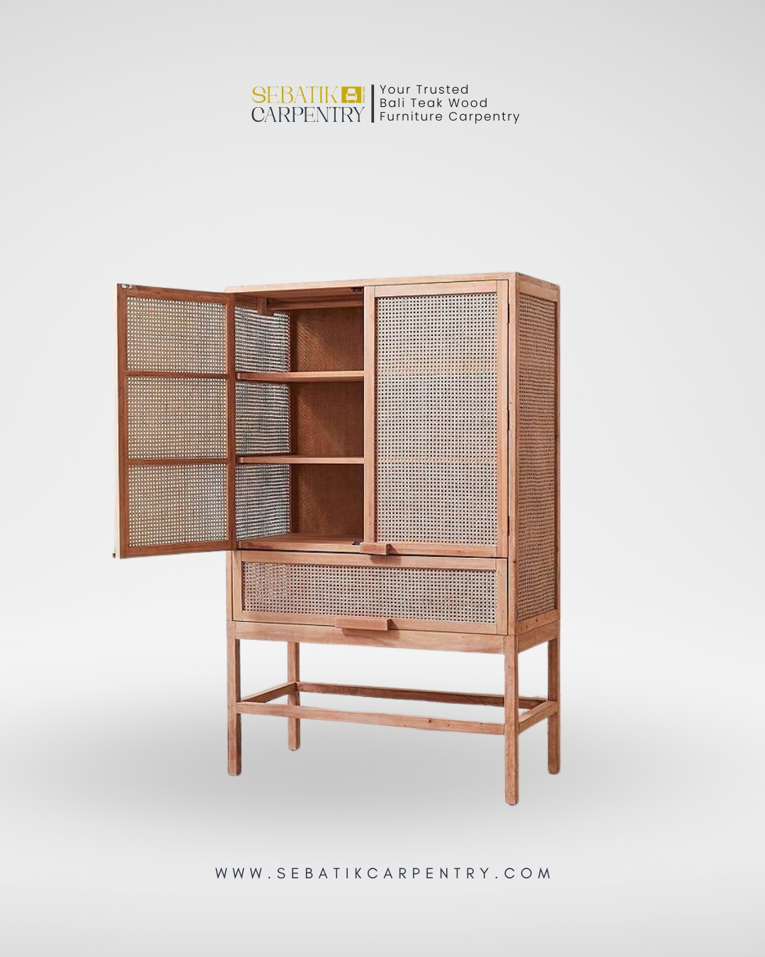 Tall Rattan & Teak Cabinet by Sebatik Carpentry