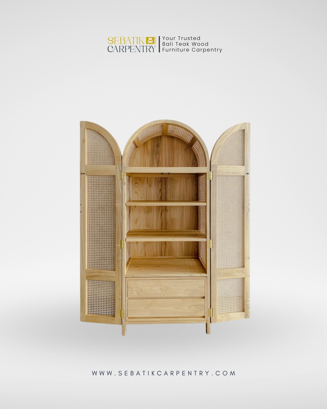 Arched Teak & Rattan Wardrobe by Sebatik Carpentry