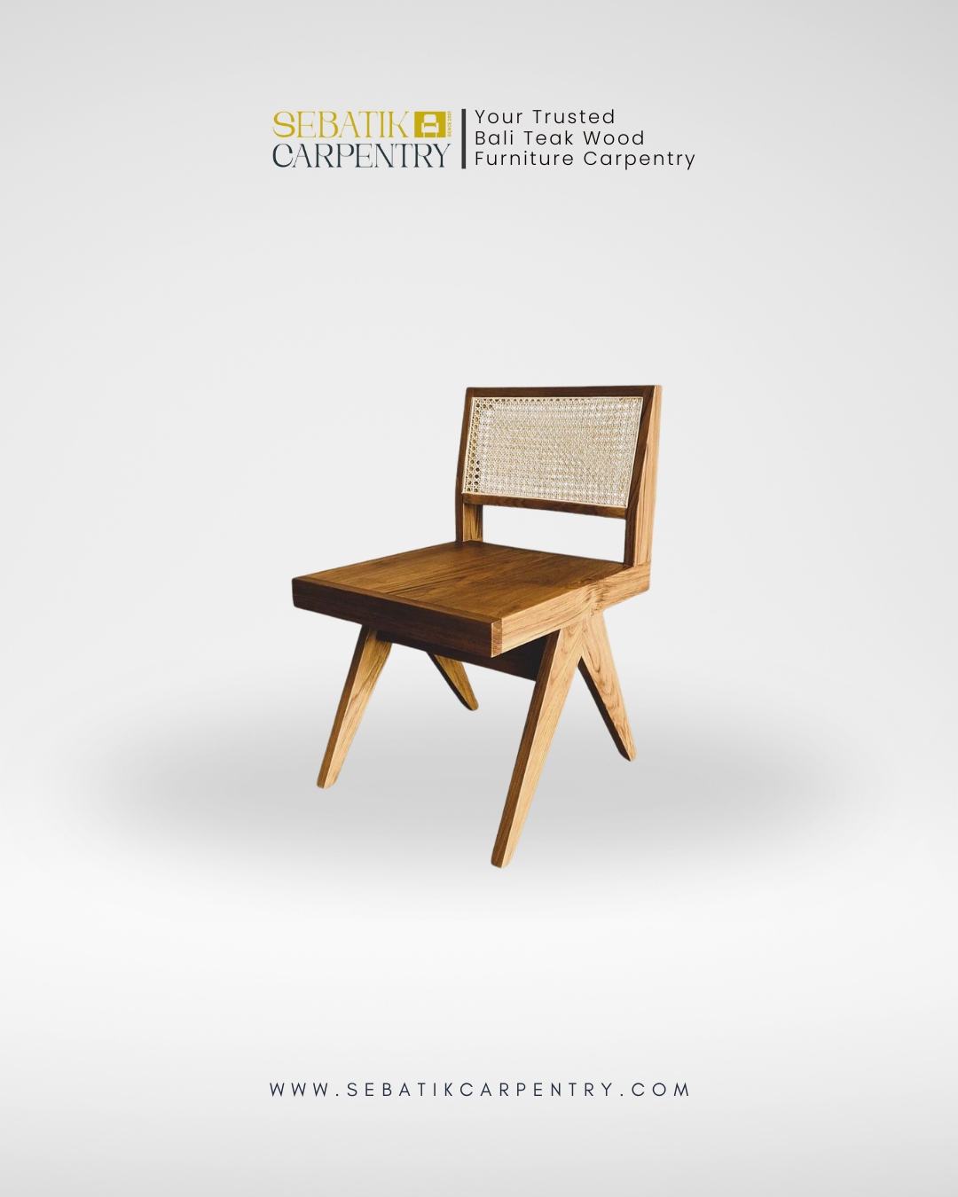 Geometric Teak Chair with Woven Rattan Backrest
