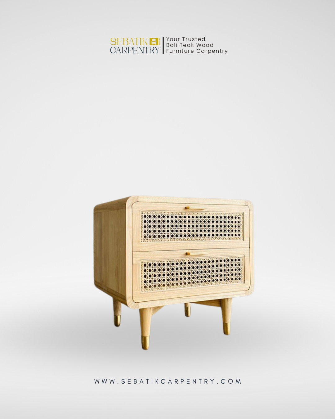 Sebatik Carpentry – Teak Wood Bedside Table with 2 Rattan Drawers