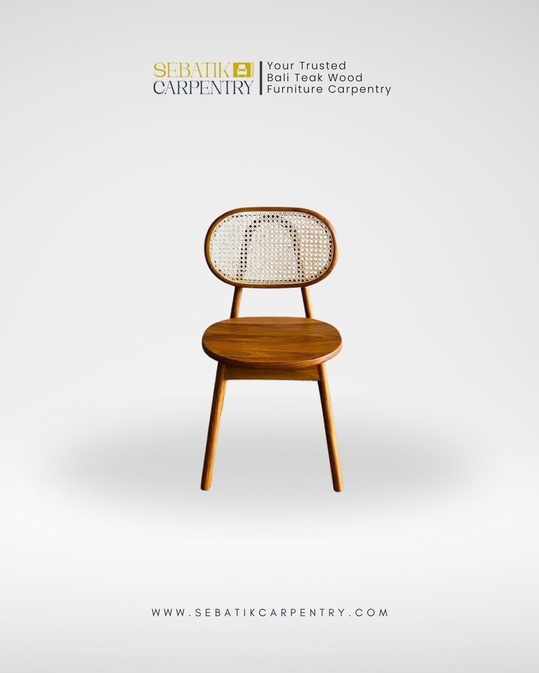 Classic Walnut Teak Dining Chair with Woven Rattan Backrest