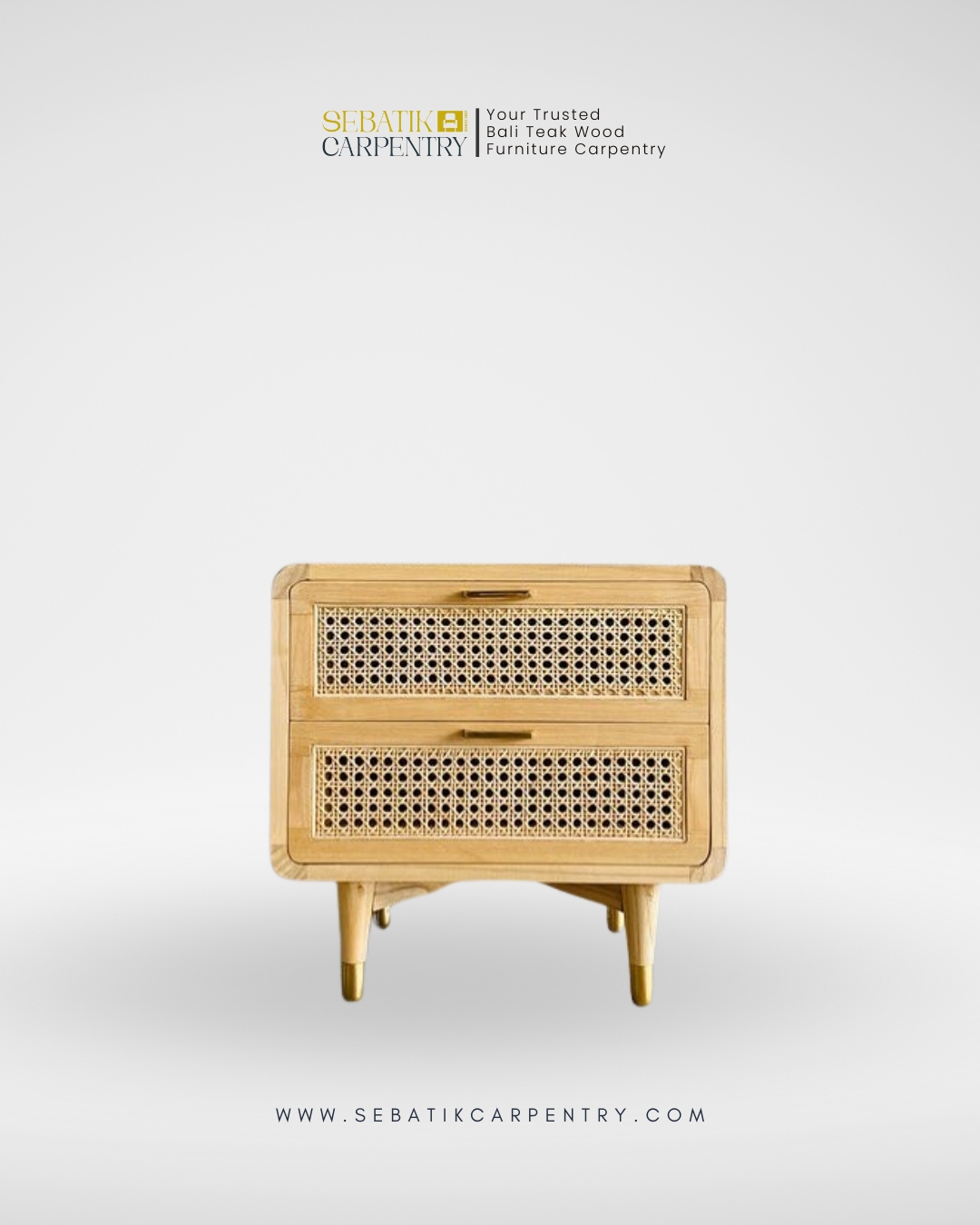 Sebatik Carpentry – Teak Wood Bedside Table with 2 Rattan Drawers