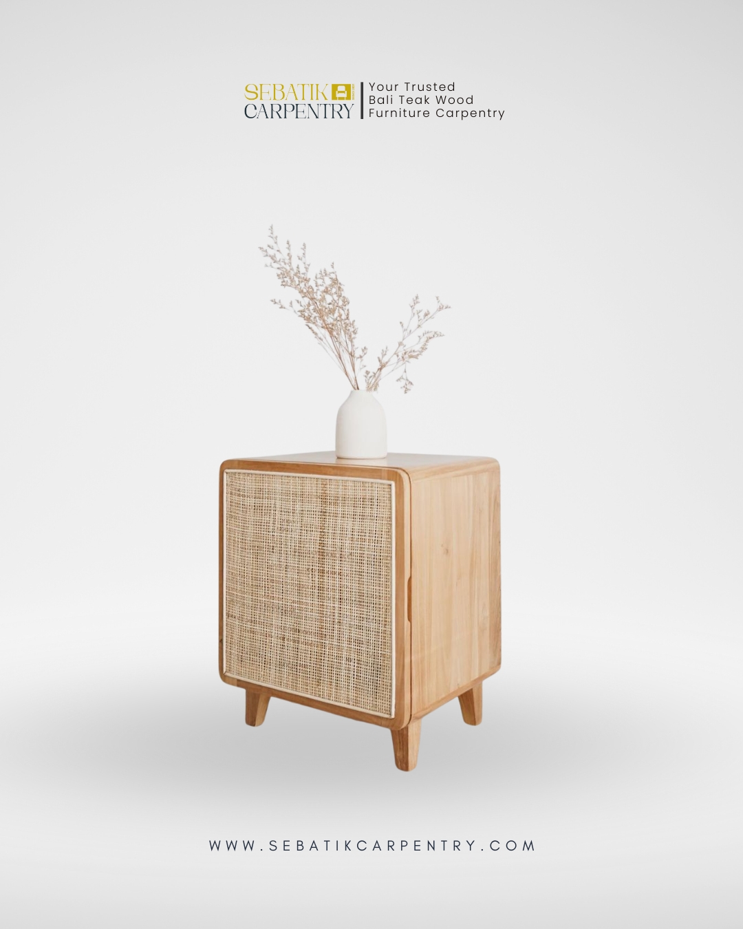 Sebatik Carpentry – Teak Wood Bedside Table with Rattan Door
