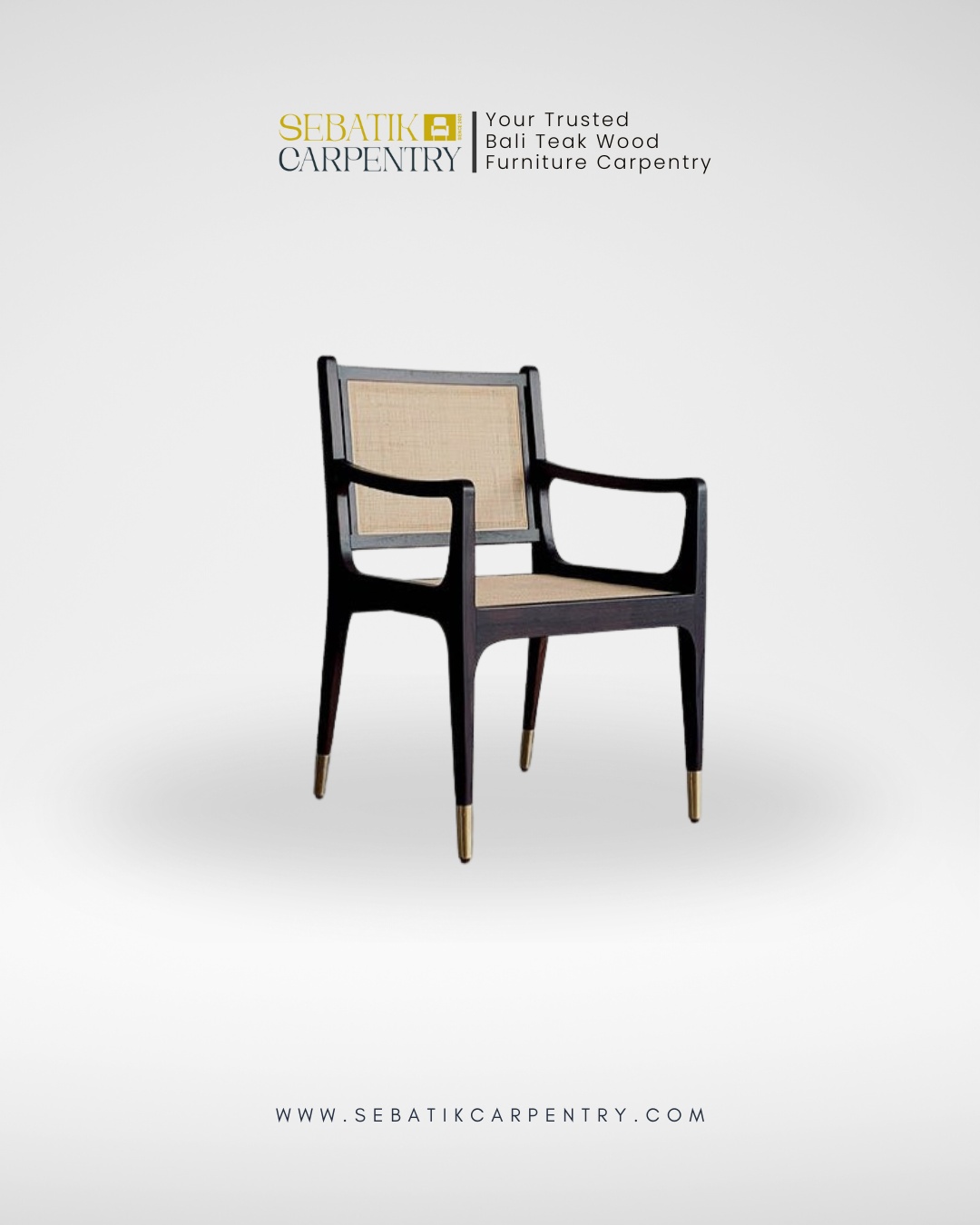 Teak Rattan Accent Armchair with Brass Detail
