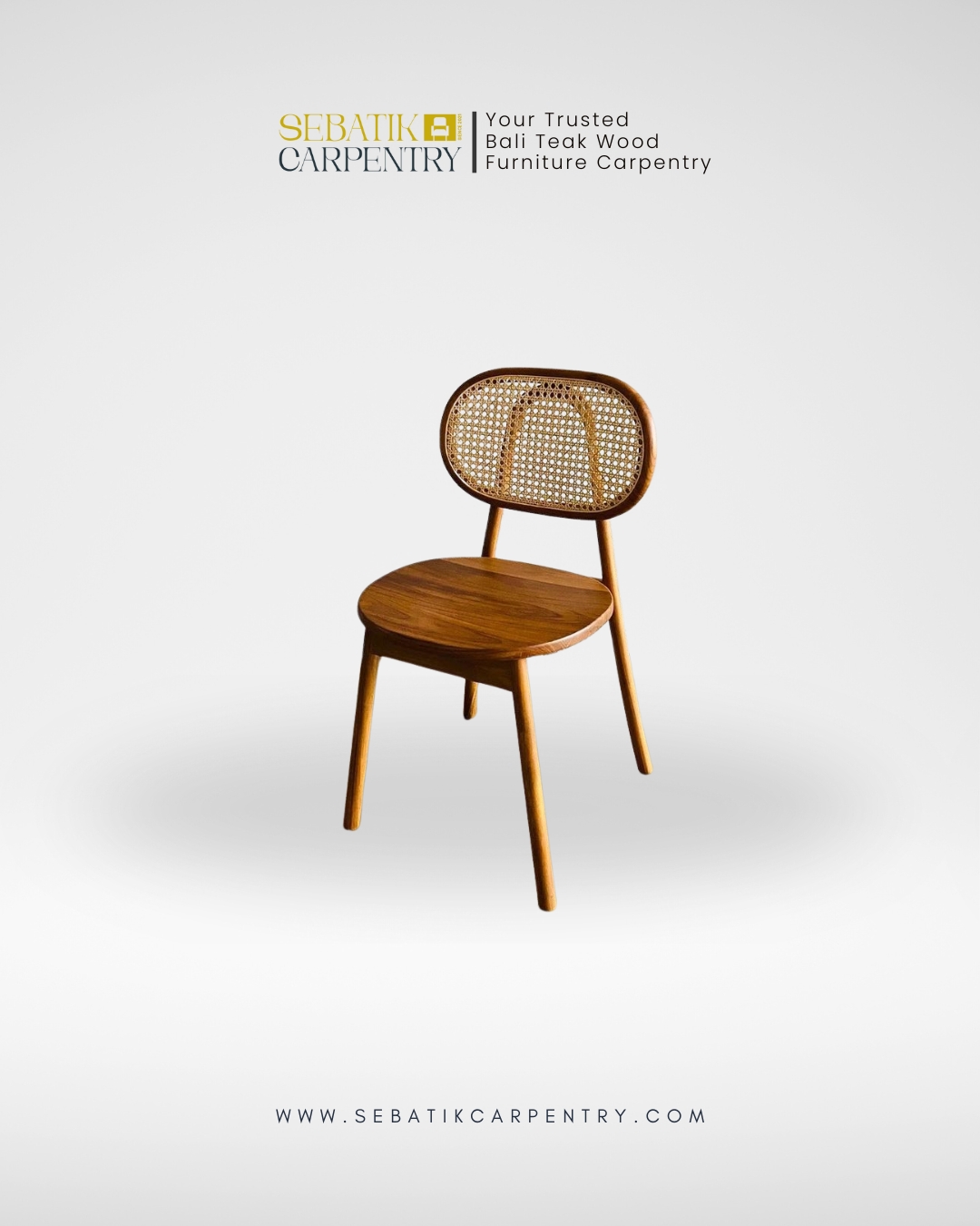 Classic Walnut Teak Dining Chair with Woven Rattan Backrest