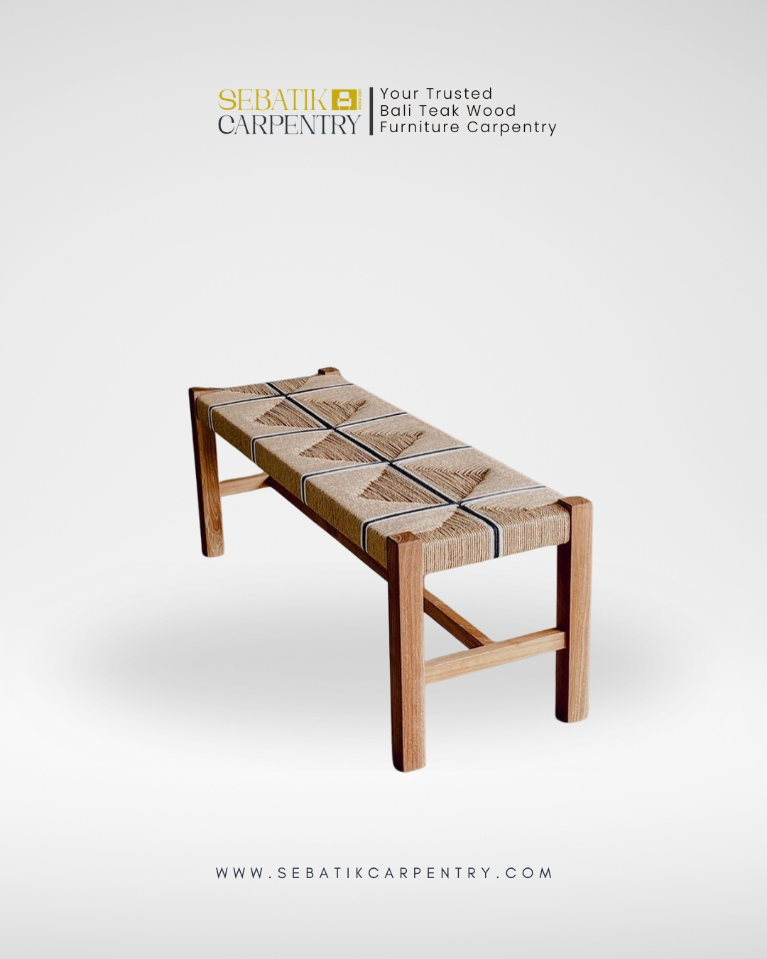 Sebatik Carpentry – Teak Wood Bench with Handwoven Rope Seat