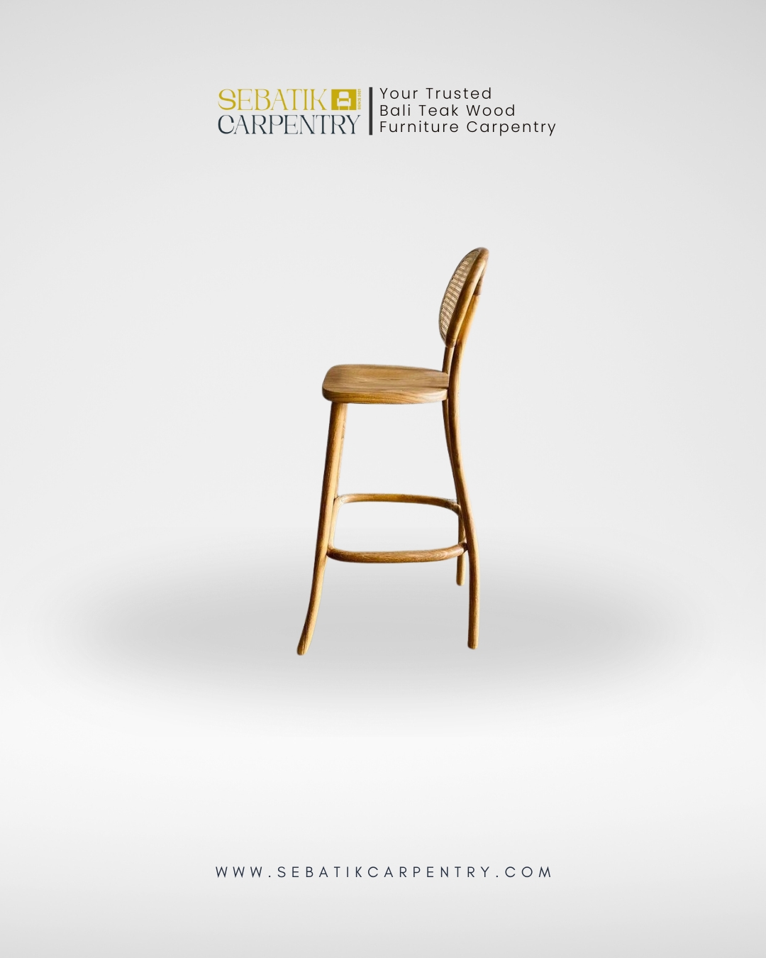 Sebatik Carpentry – Teak Wood Bar Stool with Round Rattan Backrest
