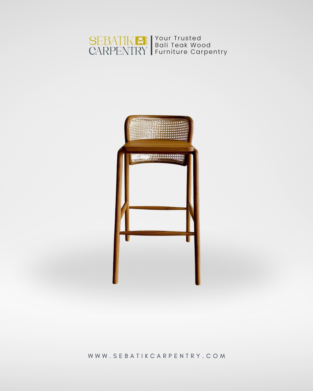 Sebatik Carpentry – Teak Wood Bar Stool with Rattan Backrest