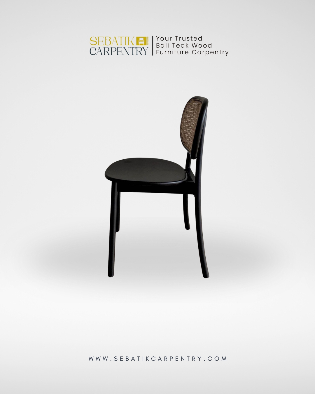 Classic Black Teak Dining Chair with Woven Rattan Backrest