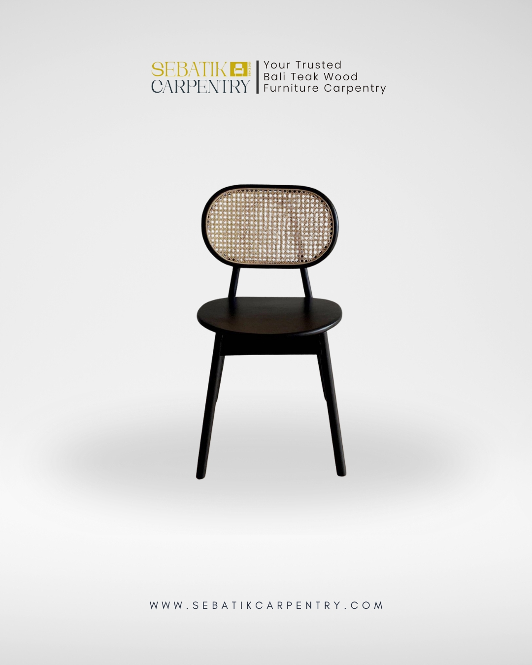 Classic Black Teak Dining Chair with Woven Rattan Backrest