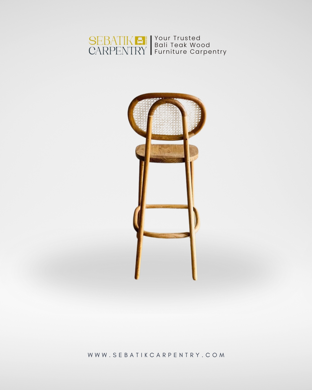 Sebatik Carpentry – Teak Wood Bar Stool with Round Rattan Backrest