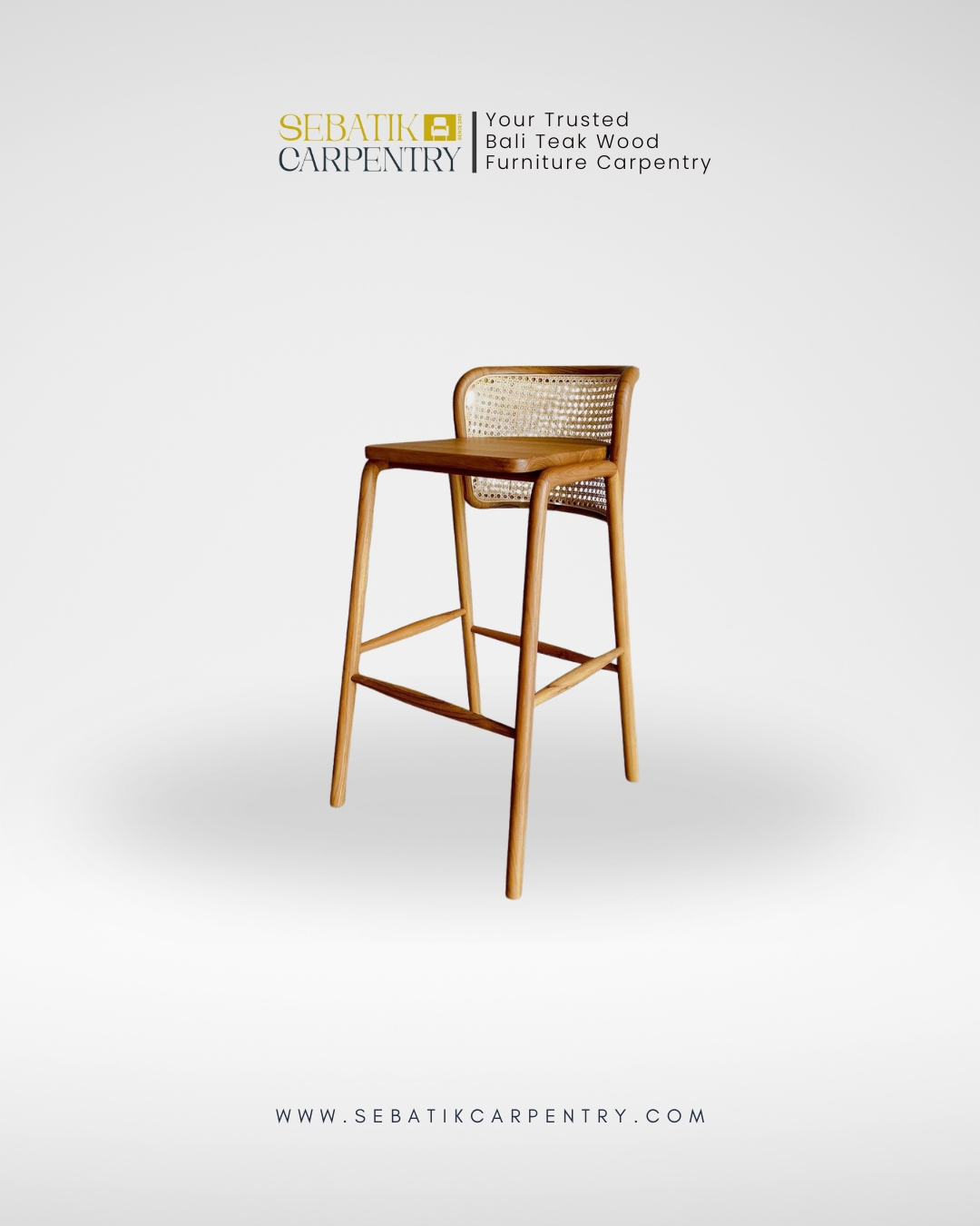 Sebatik Carpentry – Teak Wood Bar Stool with Rattan Backrest