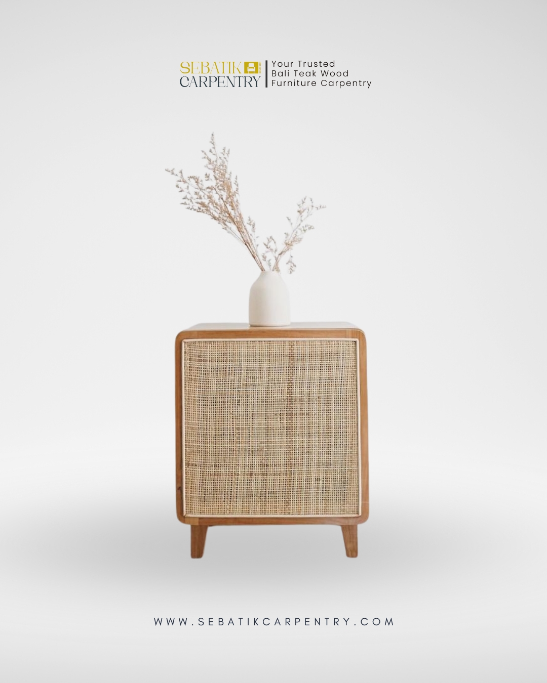 Sebatik Carpentry – Teak Wood Bedside Table with Rattan Door