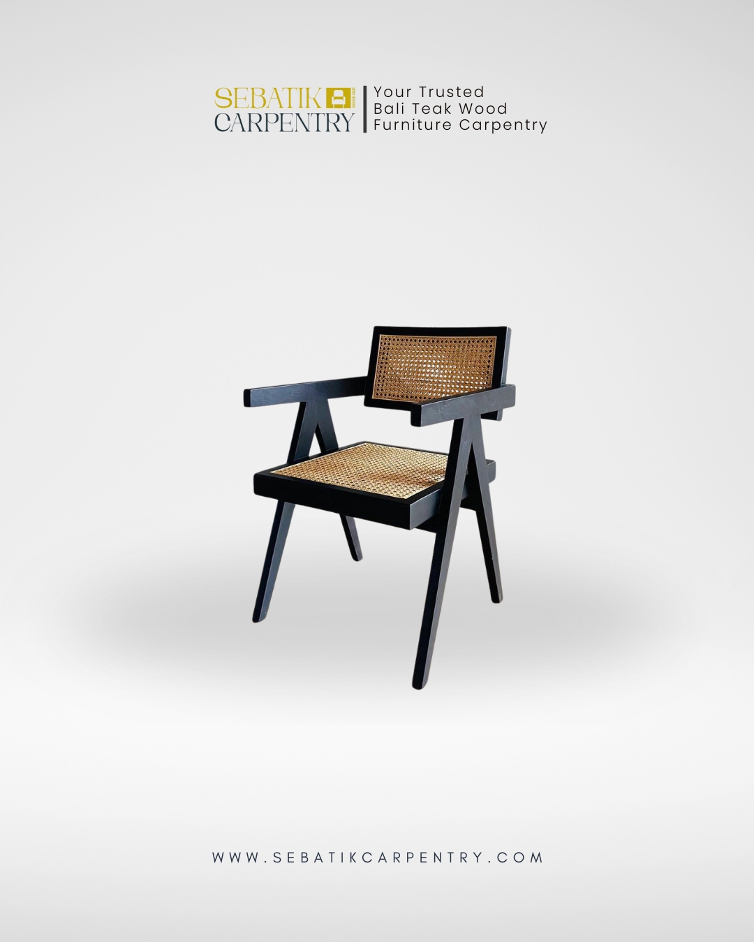 Modern Teak Armchair with Woven Rattan Seat & Backrest