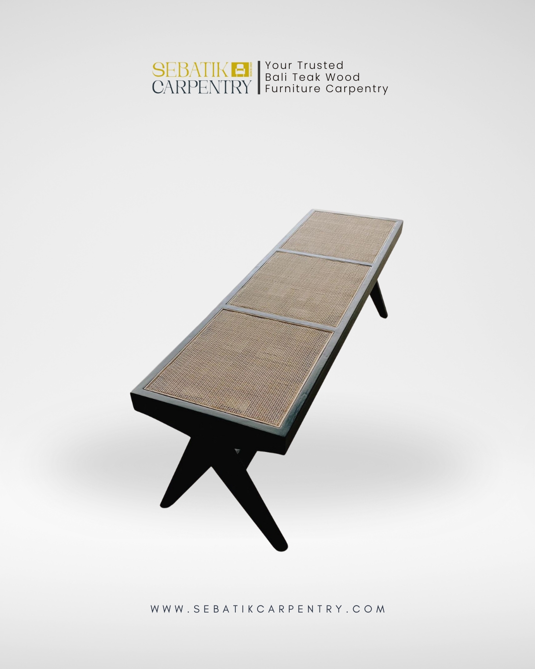 Sebatik Carpentry – Teak Wood Bench with Woven Rattan Seat